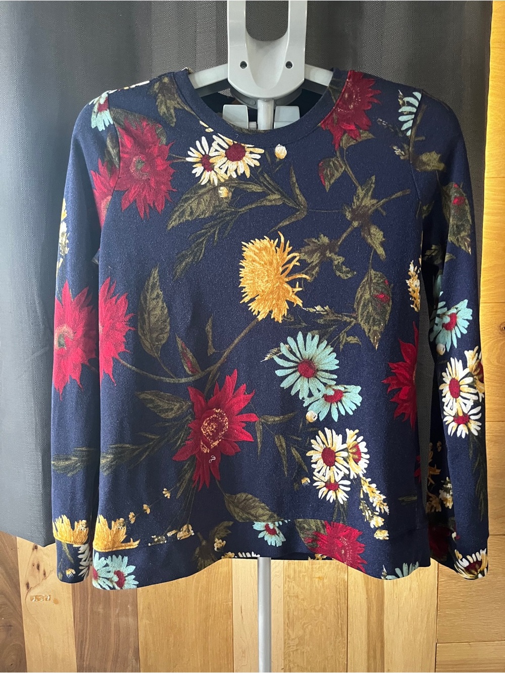 Women's Navy Floral Crewneck Sweater with Multicolor Blooms